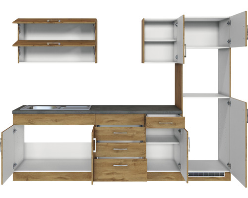 Kuchyňská linka s dřezem, skříňkami a zásuvkami pro vybavení kuchyně