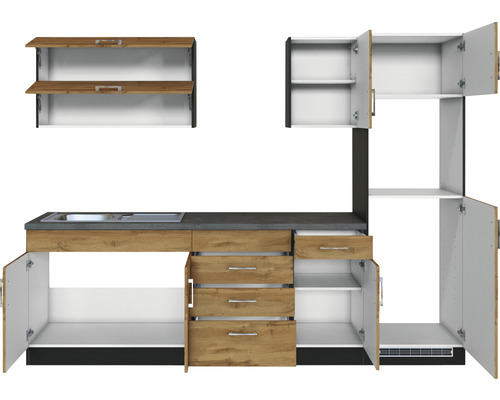 Kuchyňská linka s dřezem, zásuvkami a skříňkami pro vybavení kuchyně