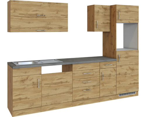 Kompletní kuchyňská linka s dřezem, zásuvkami a závěsnými skříňkami ve vzhledu dřeva