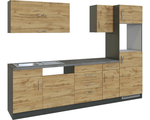 Kompletní kuchyňská linka s dřezem a horními a spodními skříňkami ve vzhledu dřeva