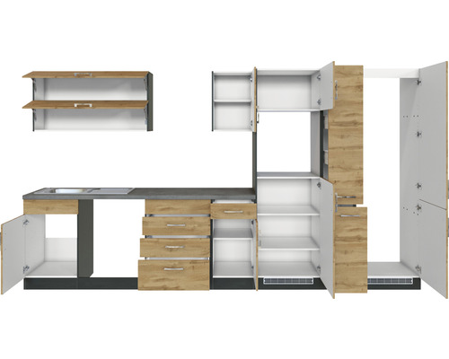 Kuchyňská linka s dřezem, zásuvkami a otevřenými skříňkami