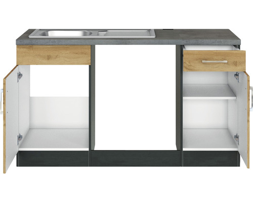 Kuchyňský dřez se spodní skříňkou, zásuvkou a otevřenými dvířky