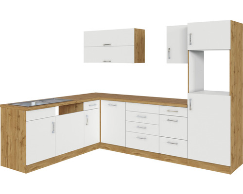 Vestavěná kuchyně s umyvadlem, skříňkami a zásuvkami