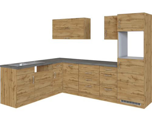 Kompletní kuchyně s dřezem, spodními skříňkami, zásuvkami a závěsnými skříňkami v dřevěném designu