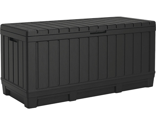 Černý plastový úložný box s víkem pro venkovní použití.