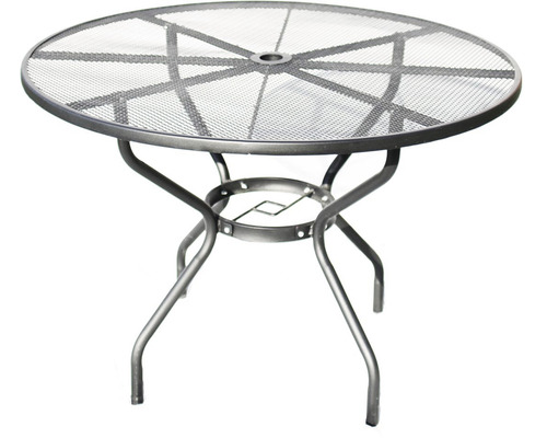 Kulatý zahradní stůl s kovovou mřížkovou deskou a čtyřnohým podstavcem
