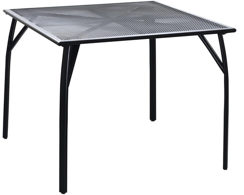 Čtvercový zahradní stůl s kovovou mřížkovou deskou a čtyřmi nohami.