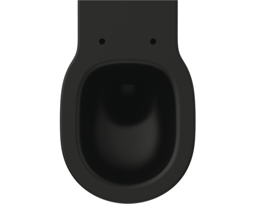 Pohled shora na černou keramickou závěsnou toaletu.