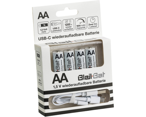 Balení čtyř dobíjecích baterií AA s nabíjecím kabelem USB-C