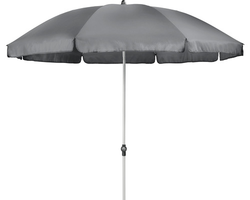 Šedý slunečník s kovovým stojanem pro zahradu nebo terasu