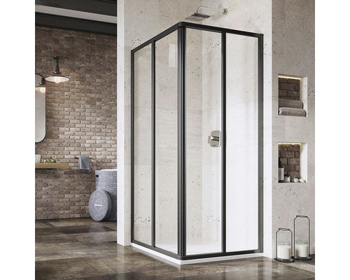 Jedna strana sprchového koutu RAVAK SRV2-80 195 S black+Transparent 14V403O2Z1 Rohová sprcha s černým rámem v koupelně