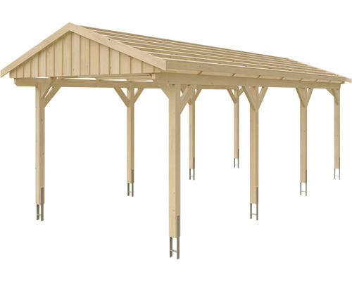 Dřevěný carport se sedlovou střechou a ocelovou patkou