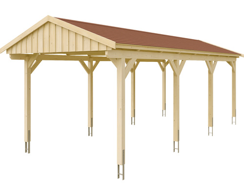 Dřevěný přístřešek pro auto s červenou střechou