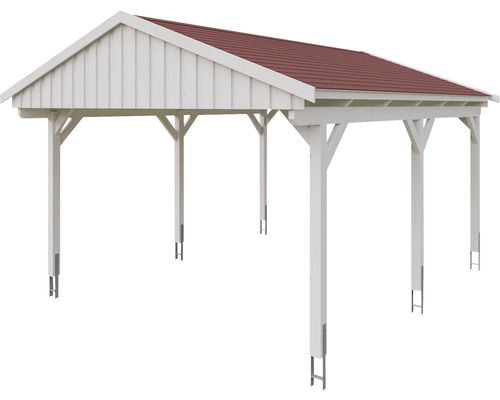 Volně stojící dřevěný carport s červenou střechou