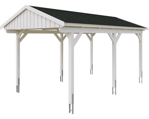 Dřevěný přístřešek pro auto se sedlovou střechou a podpůrnými pilíři