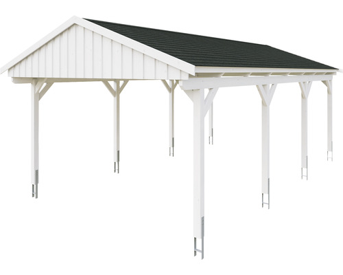 Bílý dřevěný přístřešek pro auto se střechou