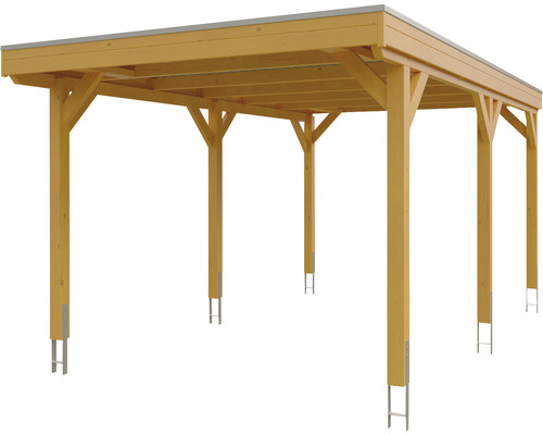 Dřevěný přístřešek pro auto s kovovými podpěrami