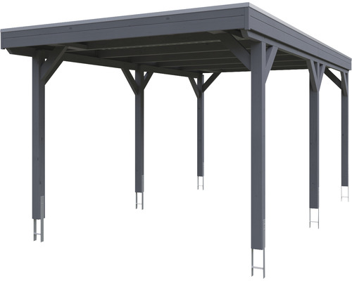 Dřevěný carport s plochou střechou a podpěrnými pilíři