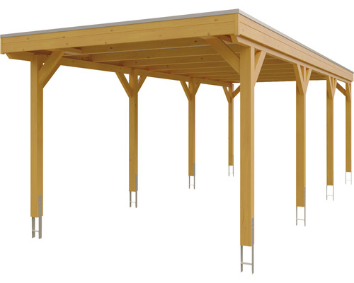 Dřevěný přístřešek pro auto s podpěrami a střechou