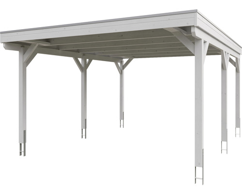 Dřevěný přístřešek pro auto s plochou střechou a šesti sloupky