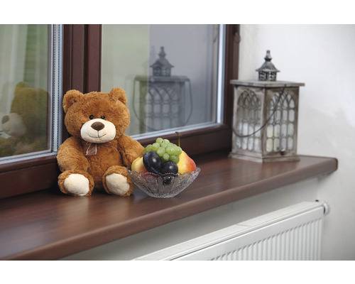 Okenní parapet s medvídkem, mísou ovoce a ozdobnou lucernou
