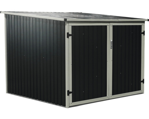 Kovový zahradní domek s pultovou střechou a dvoukřídlými dveřmi