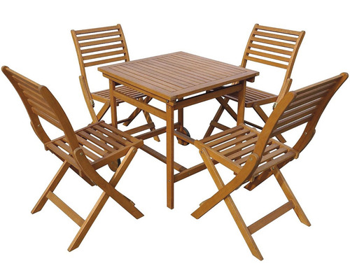 Čtvercový dřevěný stůl se čtyřmi dřevěnými skládacími židlemi