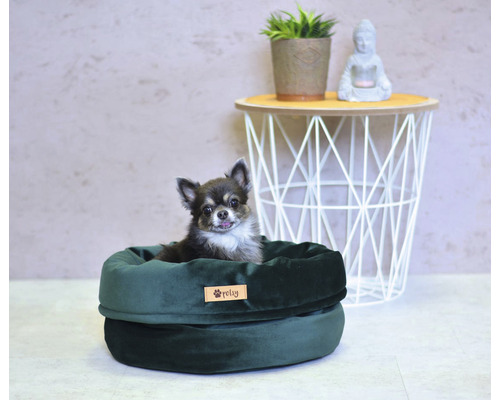 Malý pes v kulaté zelené psí posteli se znakem značky