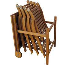 Stohovatelné dřevěné skládací židle s přepravním vozíkem do zahrady