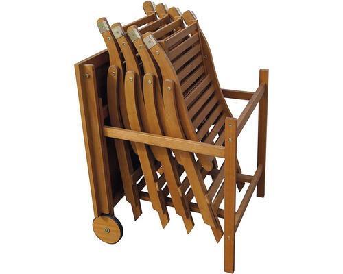 Stohovatelné dřevěné skládací židle s přepravním vozíkem do zahrady