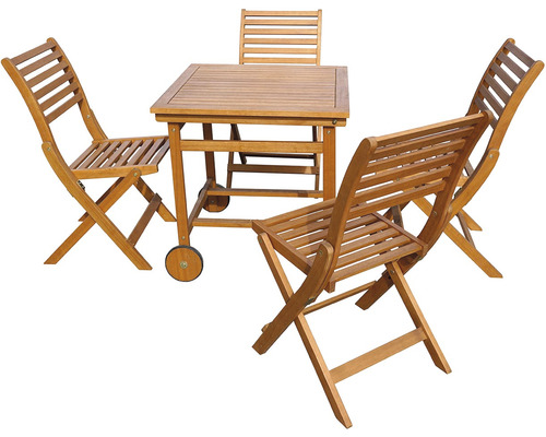 Zahradní jídelní souprava se čtyřmi skládacími židlemi a stolem na kolečkách