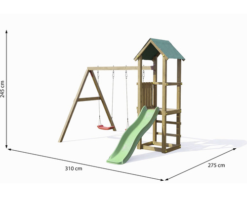 Dřevěná herní věž s houpačkou a skluzavkou, rozměry 310 x 275 x 245 centimetrů