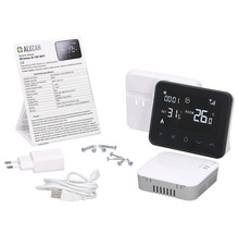 Bezdrátový termostat Aluzan Wireless B-100 WiFi s návodem k obsluze, napájecím zdrojem, USB kabelem a montážním materiálem