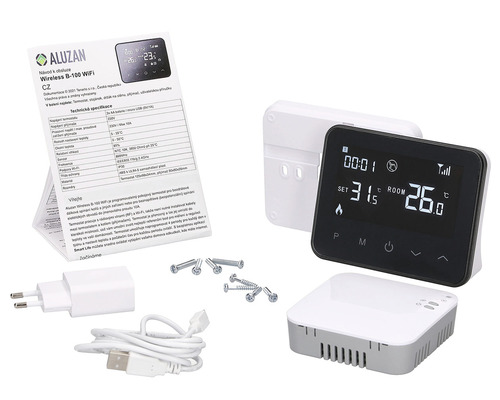 Bezdrátový termostat Aluzan Wireless B-100 WiFi s návodem k obsluze, napájecím zdrojem, USB kabelem a montážním materiálem