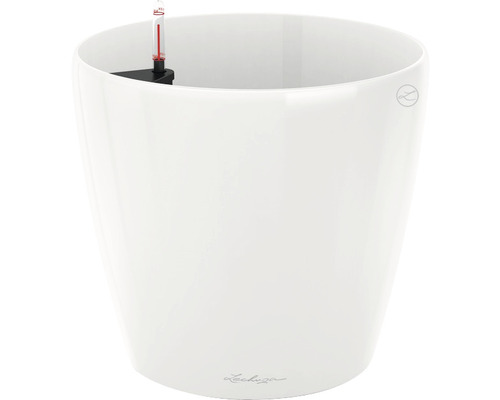 Bílý květináč s ukazatelem hladiny vody