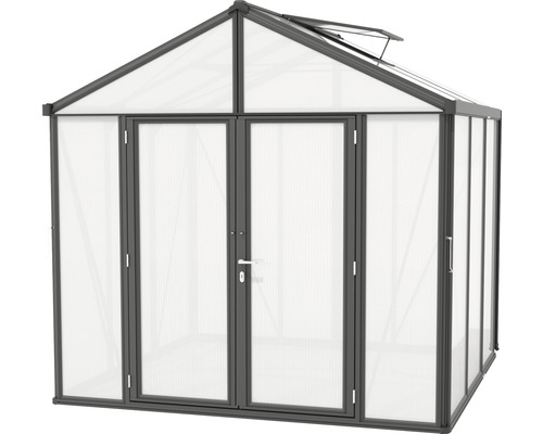Skleník s dvoukřídlými dveřmi a střešním oknem pro zahradničení