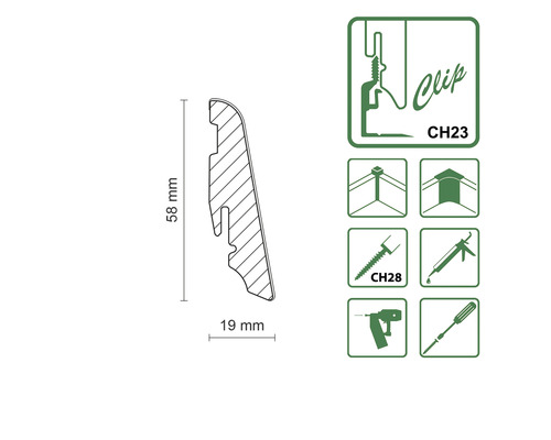 Profilová lišta, průřez s rozměry a montážními pokyny