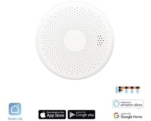 Kruhový, bílý detektor vody s otvory a podpůrnými logy pro Smart Life, Amazon Alexa a Google Home