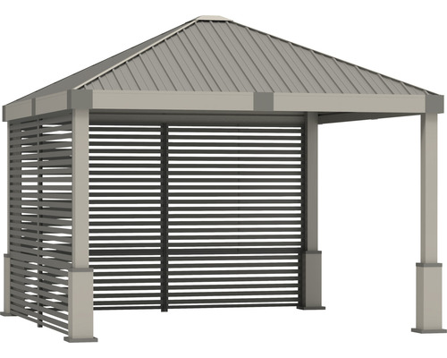 Pavilon s lamelovými stěnami a kovovou střechou