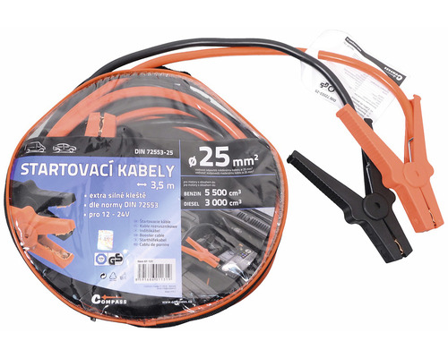 Startovací kabely 12/24 V, délka 3,5 m, pro benzin do 5500 cm3, nafta do 3000 cm3 Startovací kabely se svorkami v přenosné tašce