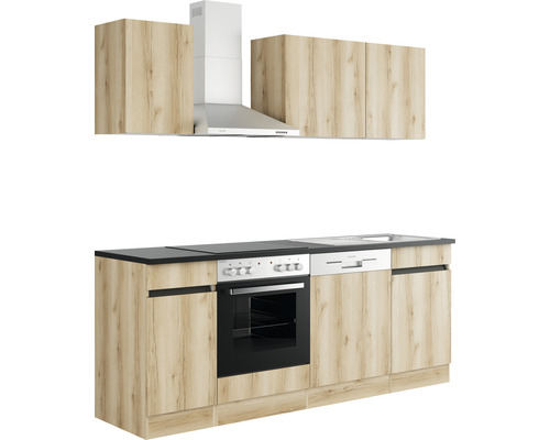 Kuchyňská linka se závěsnými skříňkami, digestoří, sporákem, dřezem a myčkou nádobí