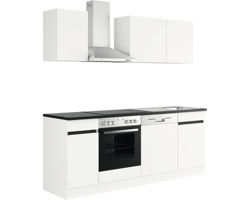 Kuchyňská linka s dřezem, sporákem, digestoří a horními skříňkami