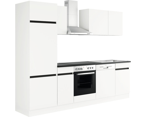 Kuchyňská linka s vysokou skříní, digestoří, dřezem a vestavnými spotřebiči