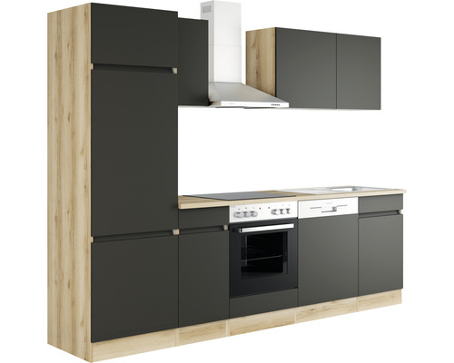 Kompletní kuchyňská linka s vestavěnými spotřebiči, dřezem, varnou deskou a digestoří.