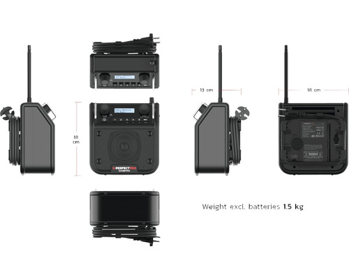 Stavební rádio Perfectpro DABPRO o rozměrech 13 x 18 cm a hmotnosti 1,5 kg bez baterií.