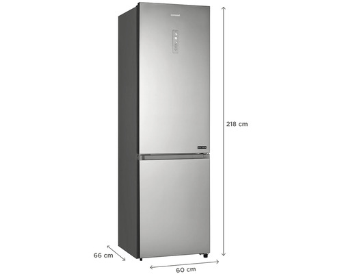Stříbrná chladnička s mrazákem, rozměry 60 x 66 x 218 centimetrů