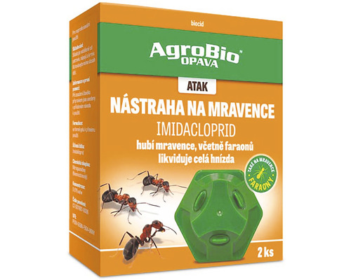 Nástraha na mravence ATAK Imidacloprid domečky 2 ks AgroBio Opava Atak návnada na mravence balení s mravenci a ilustrací návnadové stanice