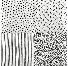 Čtvercový vzor látky s tečkami, čarami, háčky a kruhy