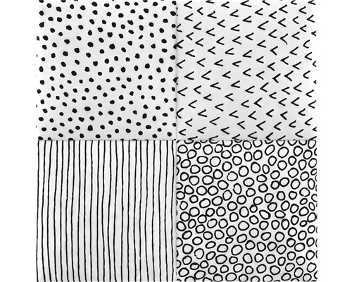 Čtvercový vzor látky s tečkami, čarami, háčky a kruhy