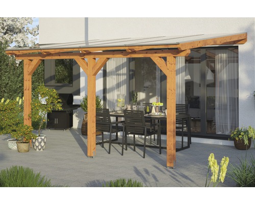 Zastřešení terasy SKAN HOLZ Andria 434x300 cm, světlé dubové lamelové dřevo Dřevěná terasa se skleněnou střechou a jídelní sestavou na zahradě